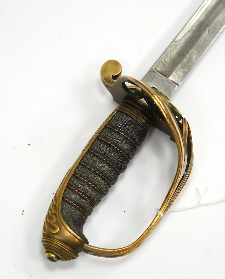 A Victorian 1845 pattern infantry officer’s sword, etched blade, regulation hilt, blade 81.5cm. Condition - good, some age wear